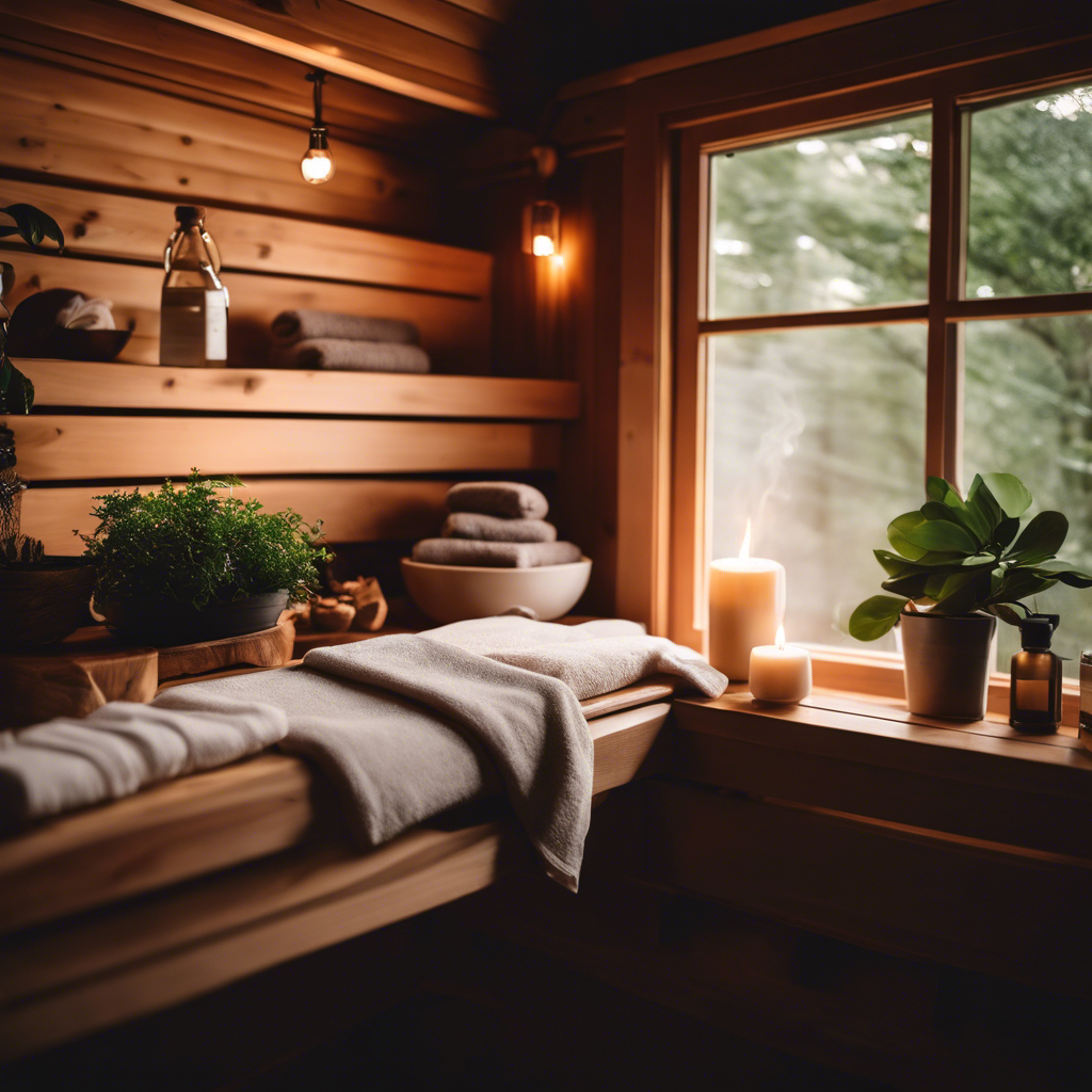 An image showcasing a serene, minimalist spa scene within a tiny house: a cozy wooden sauna with flickering candlelight, plush white towels, and a rejuvenating steam bath, surrounded by lush greenery