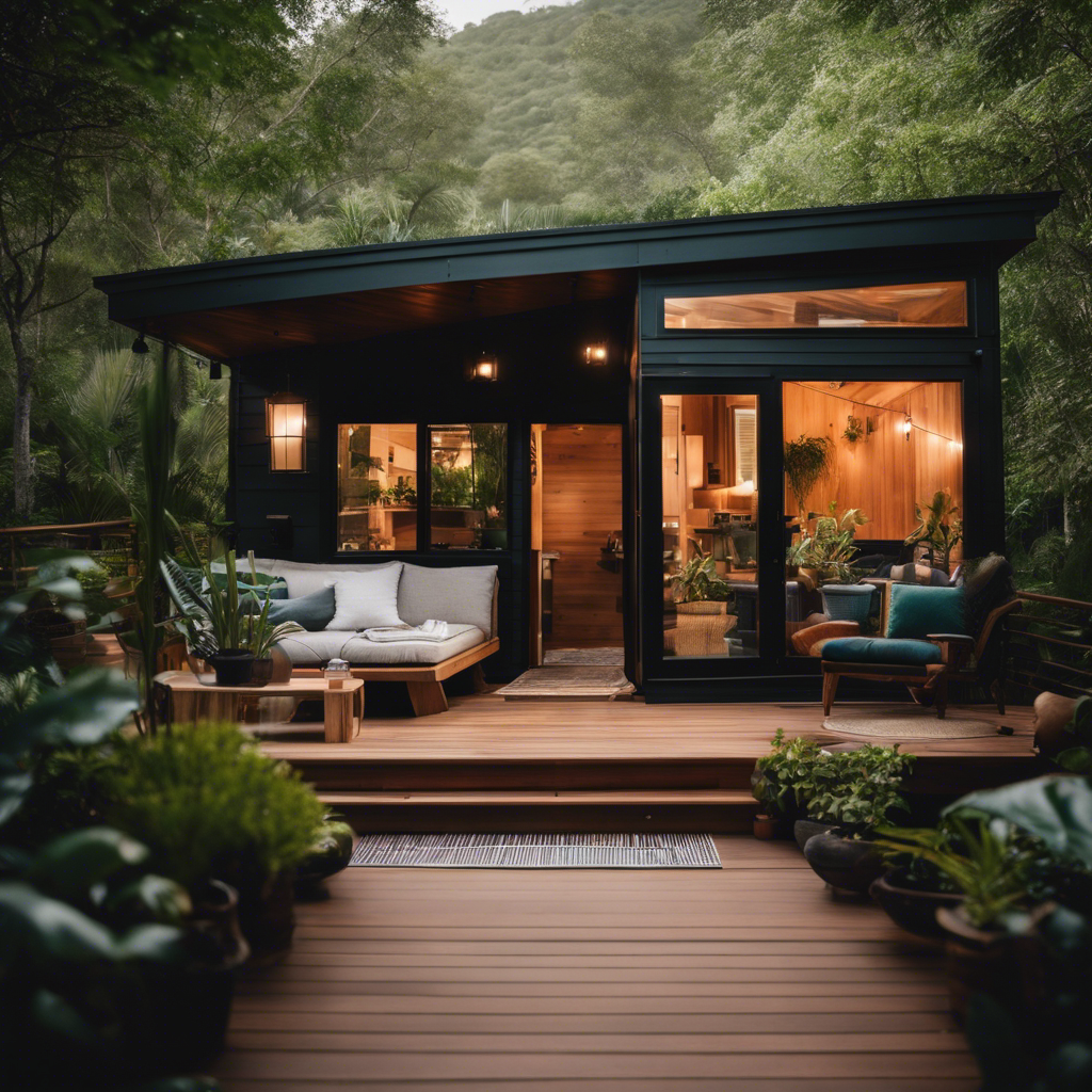 An image showcasing a cozy, minimalist tiny house nestled among lush greenery