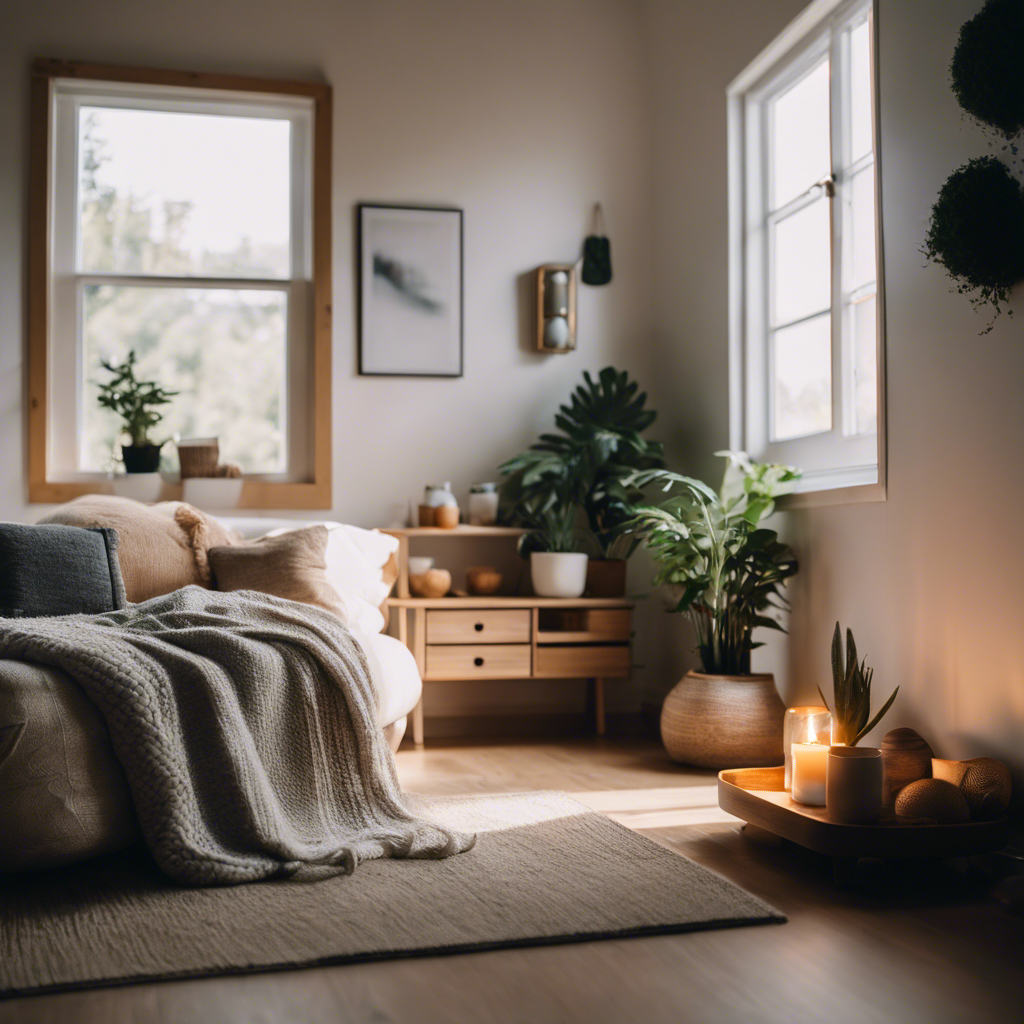 An image showcasing a serene, minimalist tiny house interior with soft natural lighting, adorned with plush meditation cushions, a calming incense holder, and a tranquil corner dedicated to mindful meditation