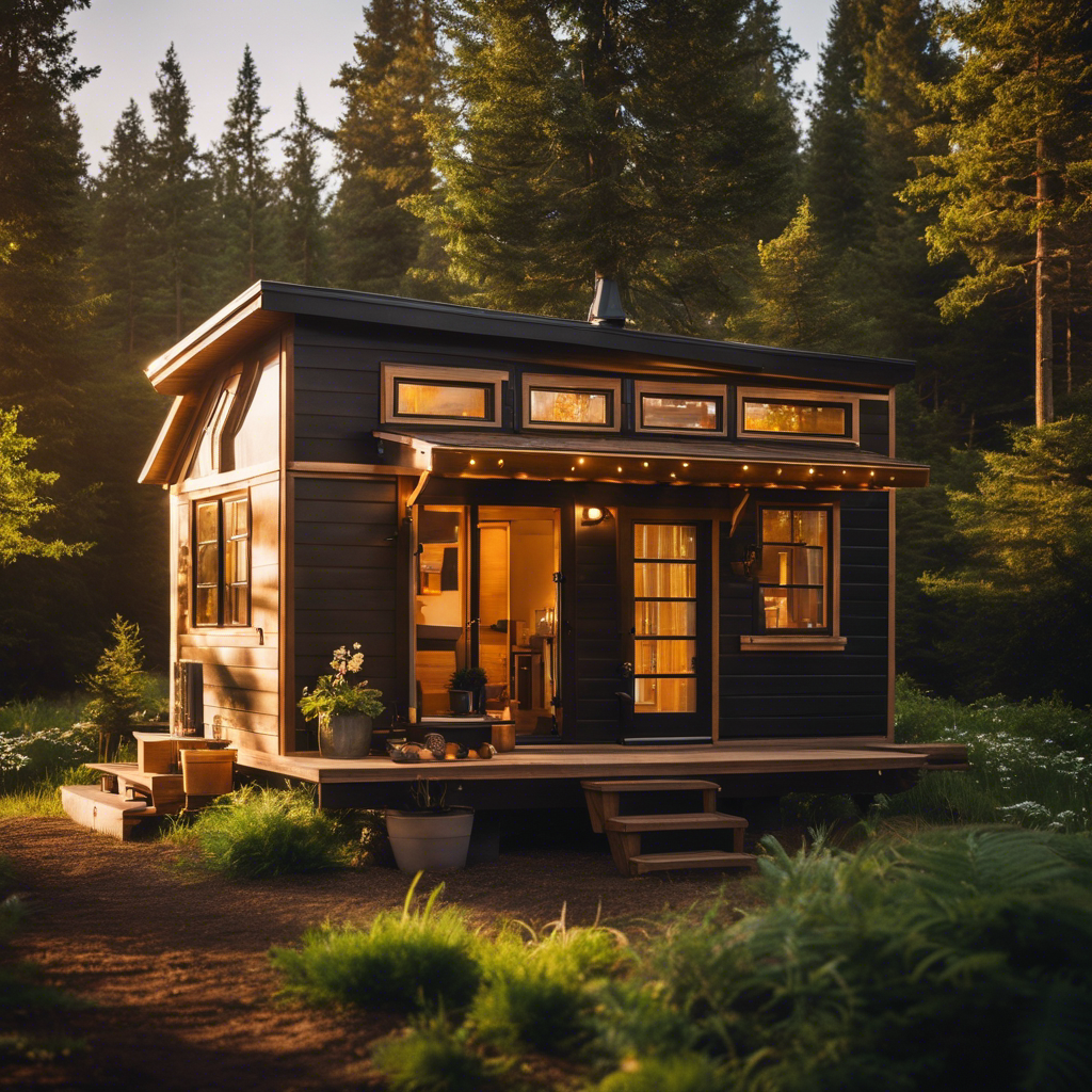 An image showcasing a cozy, sustainable tiny house nestled amidst a lush, forested landscape