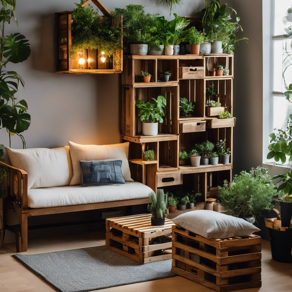 An image showcasing a tiny house dweller ingeniously repurposing old wooden crates as a multi-functional furniture piece: a cozy reading nook, a storage solution, and a mini herb garden, all in one