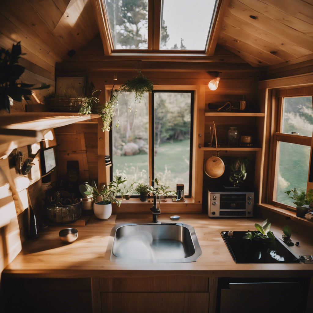 An image capturing the essence of intentional living in a tiny house: a cozy, clutter-free space adorned with only the essentials, bathed in natural light, surrounded by serene nature, evoking tranquility and mindfulness