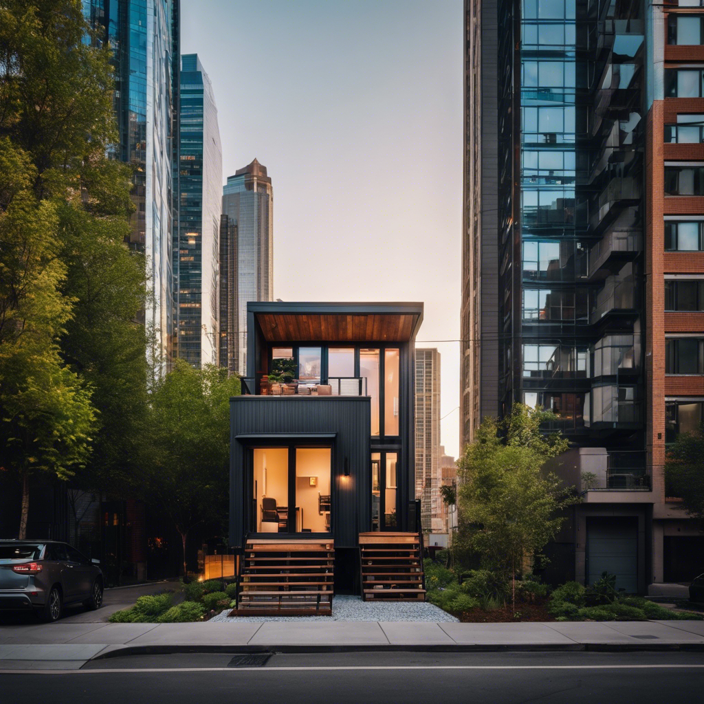 An image capturing a cozy, minimalist tiny house nestled amidst a bustling cityscape