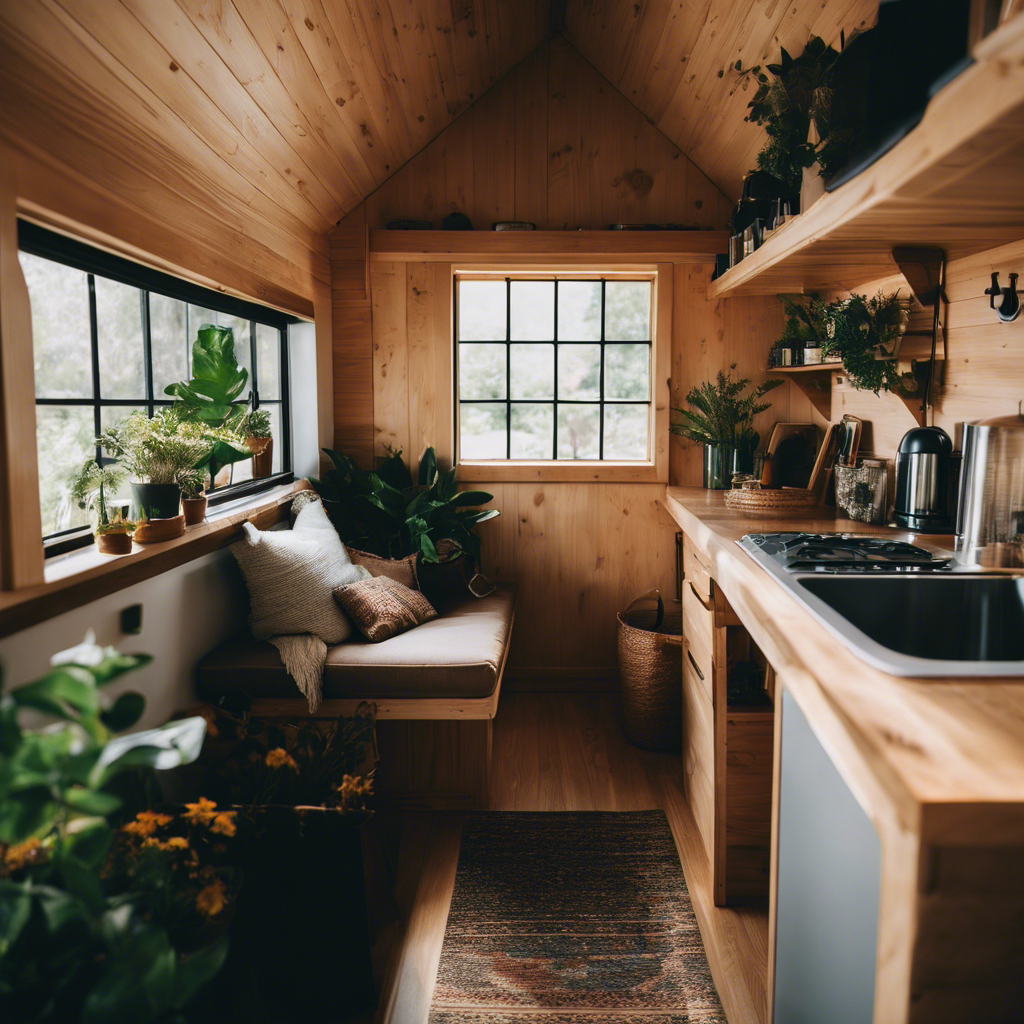 An image that captures the essence of overcoming challenges in the tiny house lifestyle: a resilient individual using innovative storage solutions, efficiently utilizing space, surrounded by natural light and greenery