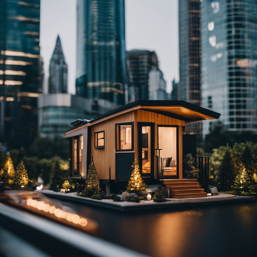 An image of a cozy, minimalist tiny house nestled among towering skyscrapers