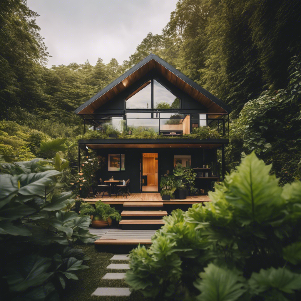 An image showcasing a cozy, minimalist tiny house nestled amidst lush greenery, with solar panels on the roof, a vertical garden for growing fresh produce, and a communal space for connecting with nature