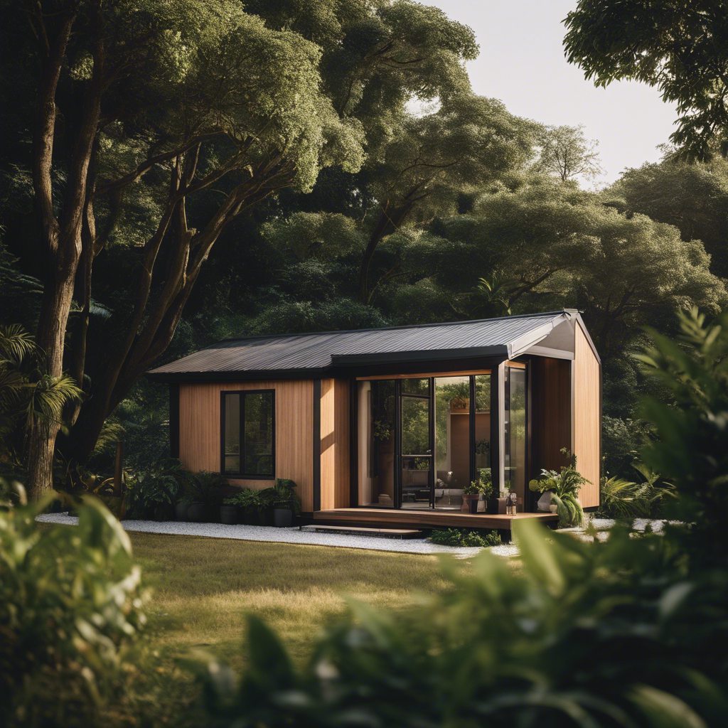 An image showcasing a serene tiny house surrounded by lush greenery, with a minimalist interior design that exudes simplicity and tranquility