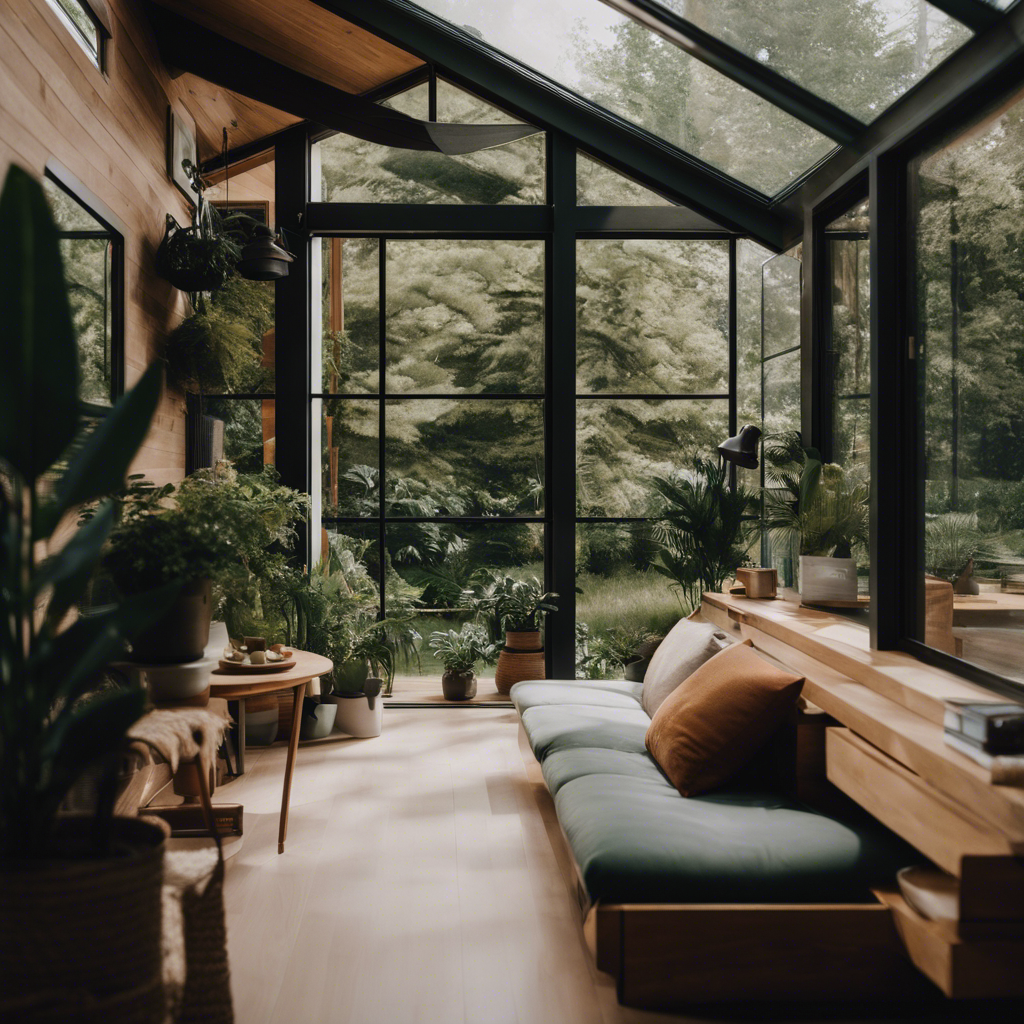 An image showcasing a serene tiny home nestled amidst lush greenery, with large windows allowing natural light to flood in