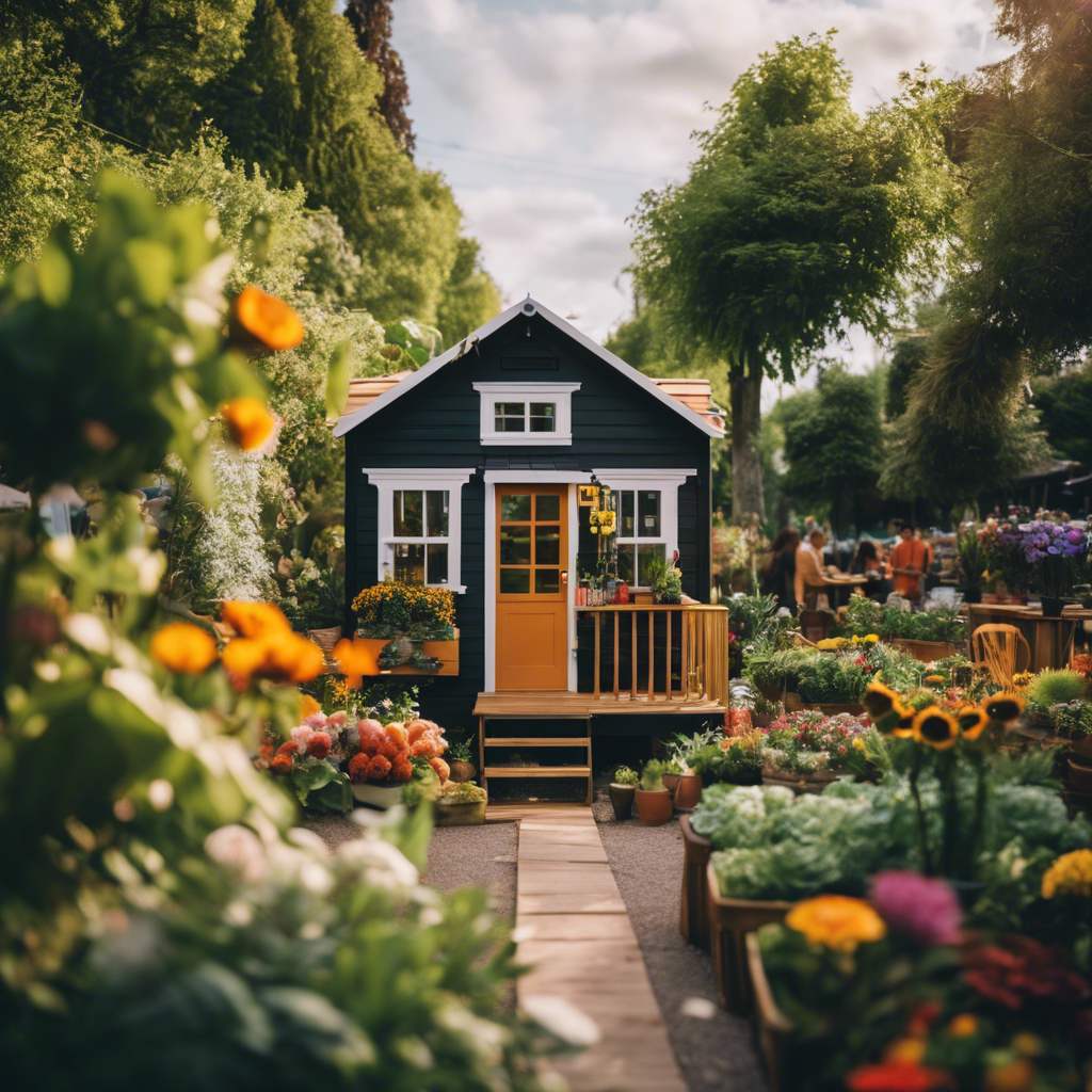 An image depicting a tiny house nestled in nature, surrounded by a vibrant community garden, lively street market, and people engaged in social activities