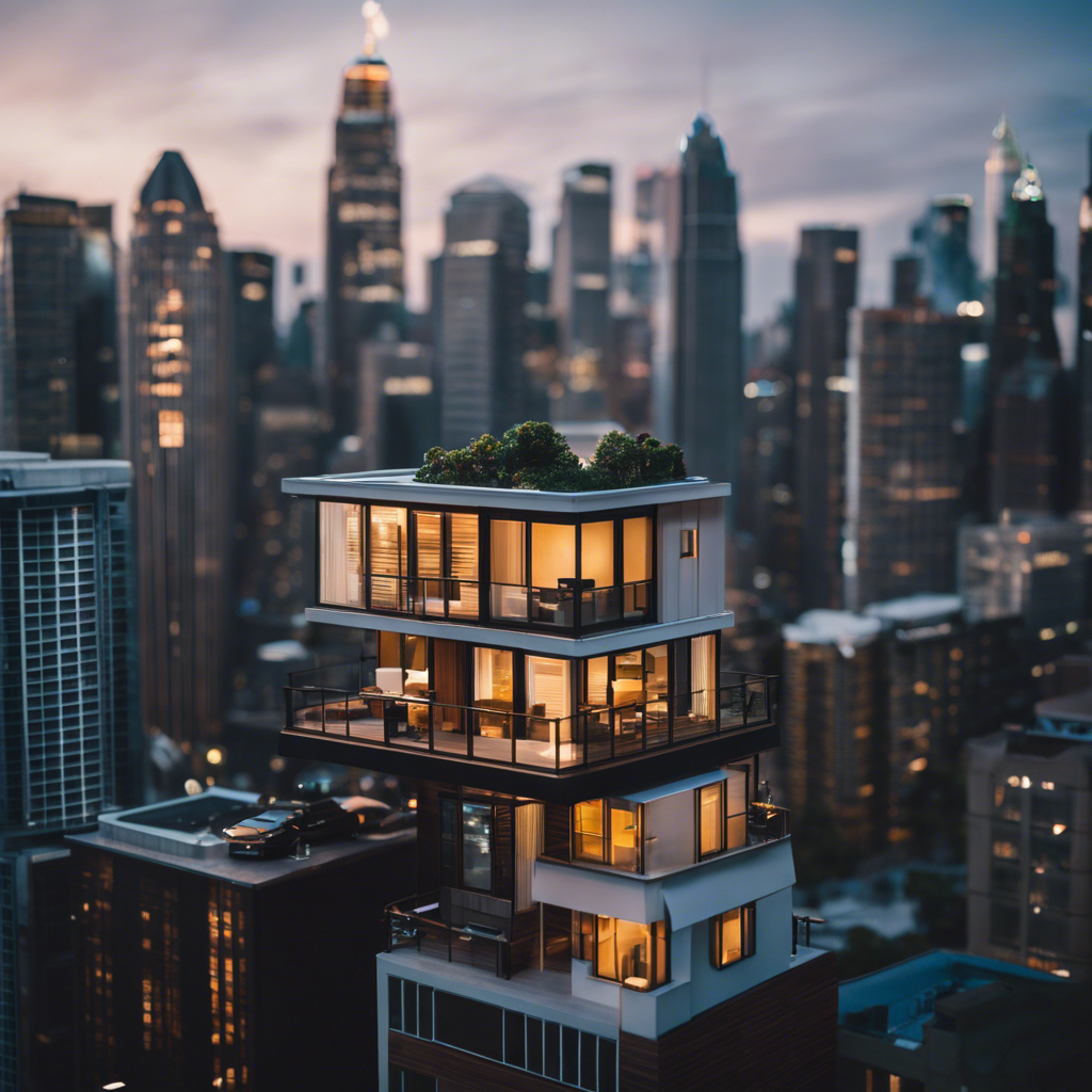 An image showcasing a tiny house nestled between towering city skyscrapers, illustrating the challenges of zoning and legal restrictions