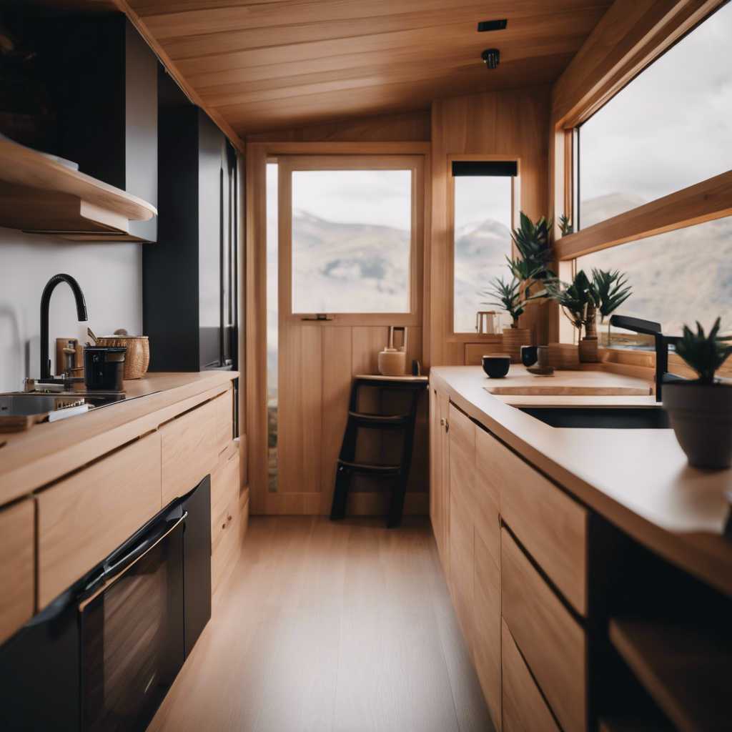 An image showcasing a sleek, modern tiny house interior with rounded edges, featuring a professional finishing tool meticulously smoothing the curves of a countertop, elegantly enhancing the overall appearance