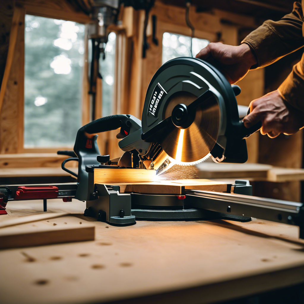 An image showcasing a miter saw in action, precisely cutting trim pieces for a tiny house