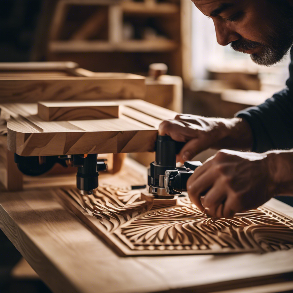 An image showcasing a skilled carpenter using a router to delicately shape intricate patterns on a wooden surface, highlighting the versatility and precision of this professional finishing tool in transforming tiny houses