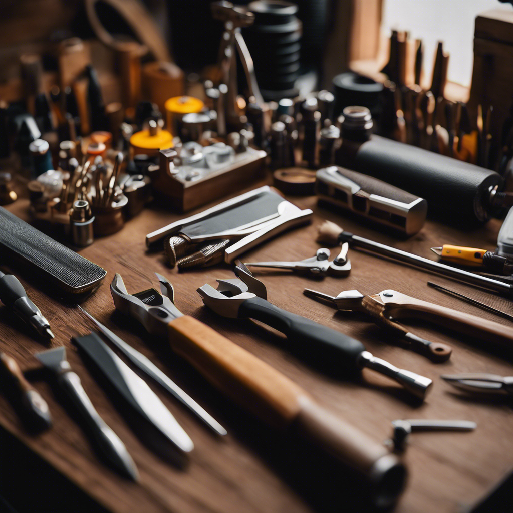 An image showcasing a collection of high-quality finishing tools, elegantly arranged on a sturdy workbench, ready to transform your tiny house