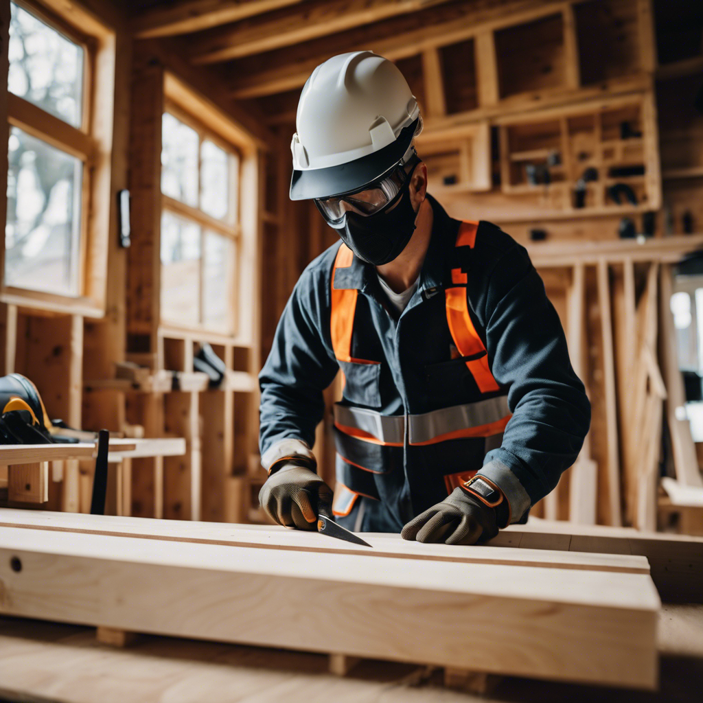An image showcasing a builder in protective gear, confidently measuring and cutting lumber, surrounded by construction tools and plans, as they lay the foundation for their dream tiny house