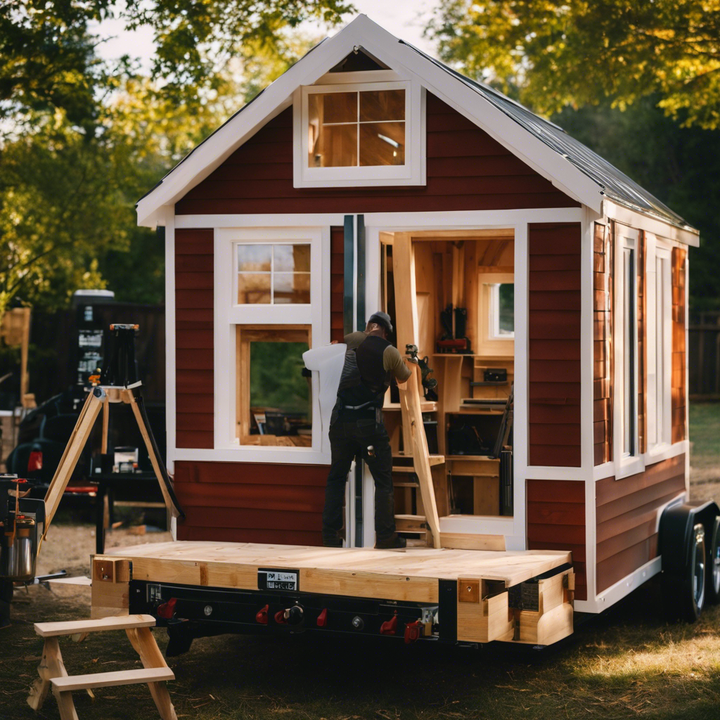 An image of a person constructing a tiny house frame, with detailed shots of window installation, door placement, roofing installation, and siding application, showcasing the step-by-step construction process