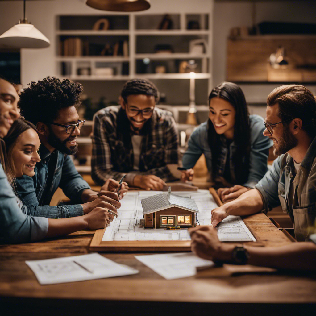 An image featuring a diverse group of aspiring tiny house owners, gathered around a blueprint-covered table