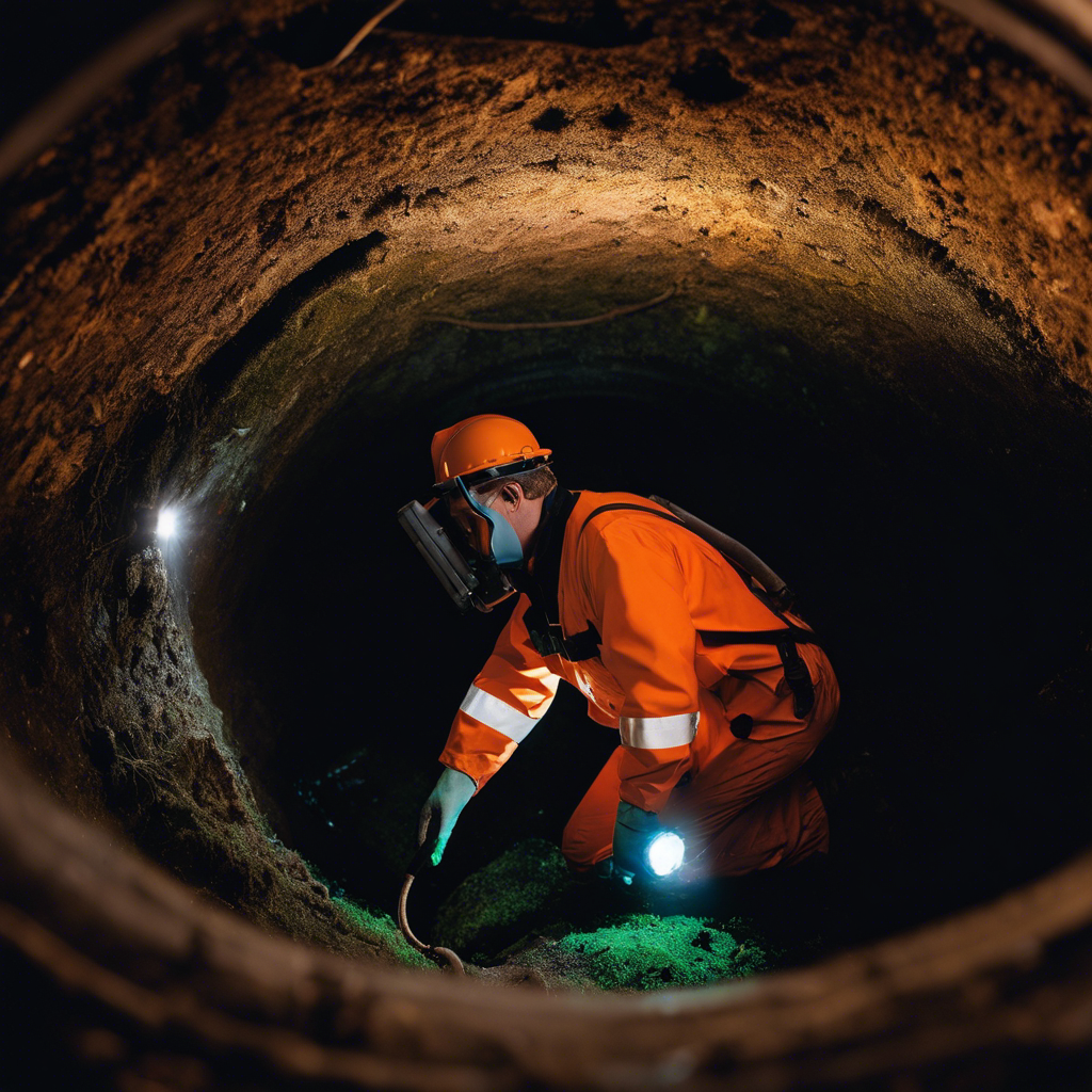 An image capturing the process of inspecting a septic tank, showcasing a technician clad in protective gear, illuminated by a flashlight as they peer into the underground chamber filled with sludge and wastewater