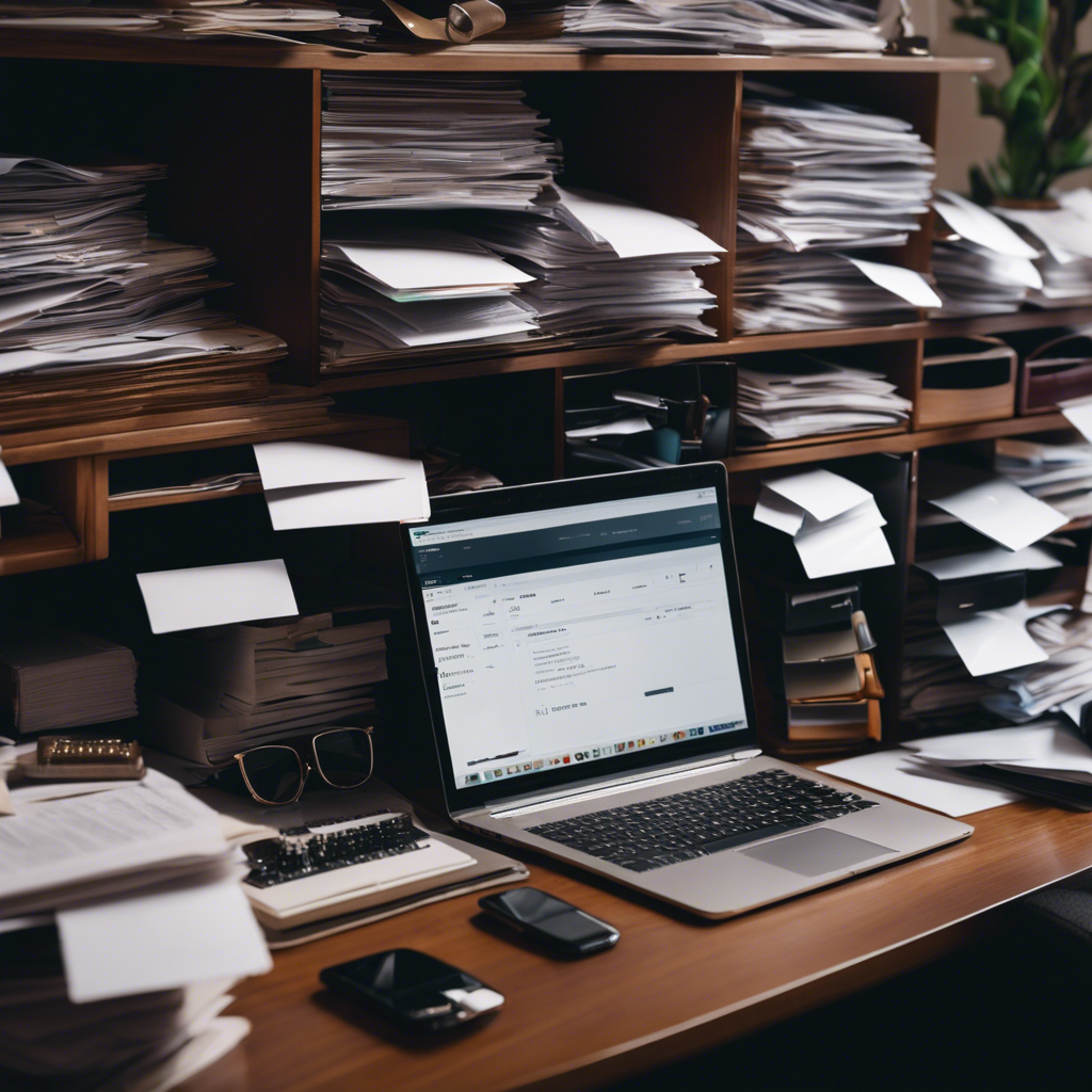 An image depicting a cluttered desk with overflowing email inboxes, labeled folders, and a person confidently organizing and prioritizing emails, showcasing the efficiency and control gained through effective email management