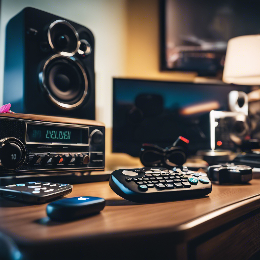 An image capturing a cluttered desk with scattered distractions like social media icons, TV remote, and video games controller