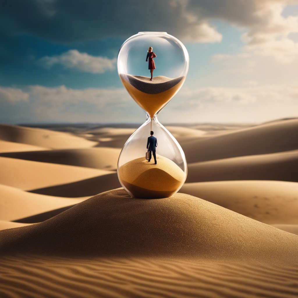 An image of a person gracefully balancing on a giant hourglass, surrounded by swirling sands of different colors