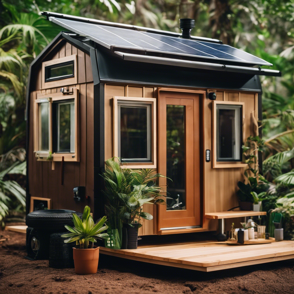An image showcasing a compact off-road tiny house surrounded by lush greenery