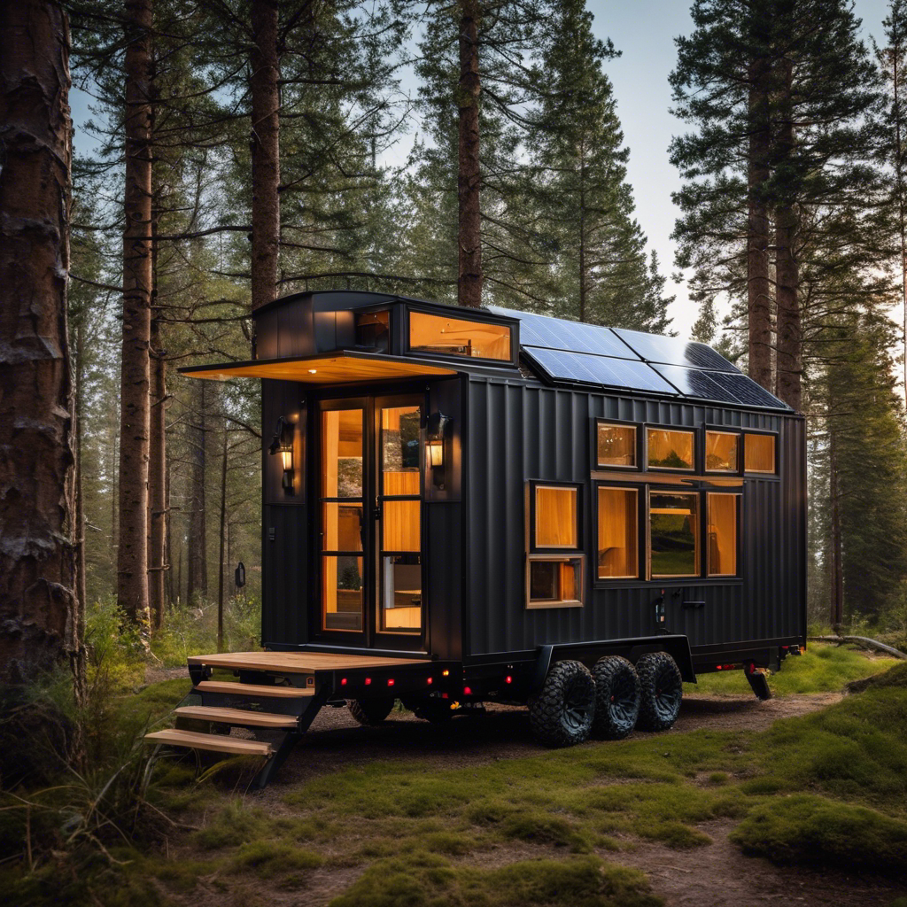 An image showcasing the rugged yet stylish exterior design of the Off-Road Tiny House, highlighting its durable solar panels, reinforced tires, and sleek aerodynamic shape, inviting adventure-seekers to embrace their wanderlust