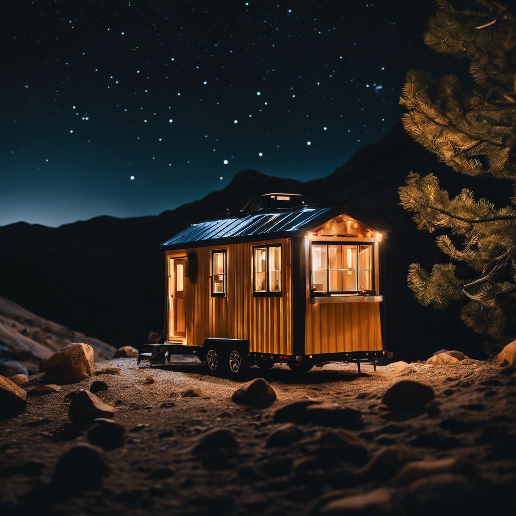  a rugged off-road landscape under a starry night sky, with a cozy, mobile tiny house nestled among the mountains