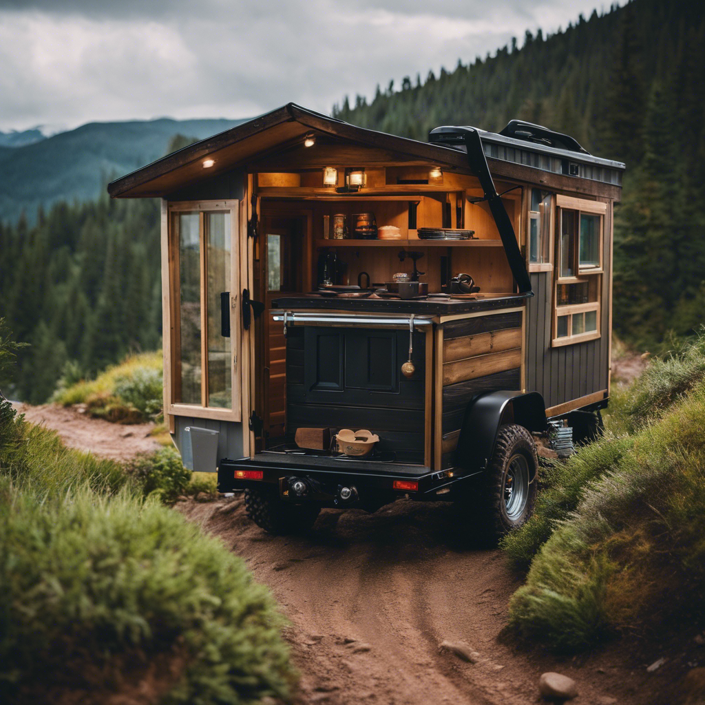  the rugged journey of an off-road tiny house navigating through treacherous terrains, conquering steep slopes, muddy trails, and rocky paths