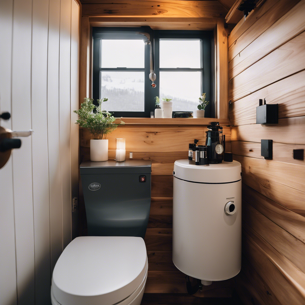 An image showcasing a compact, tankless water heater seamlessly integrated into a tiny house bathroom