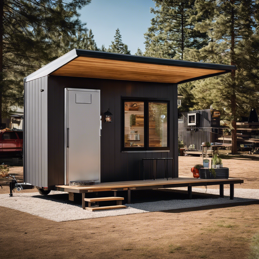 An image showcasing an array of tiny house water heaters, each uniquely designed and labeled with detailed specifications such as capacity, energy efficiency ratings, and installation requirements