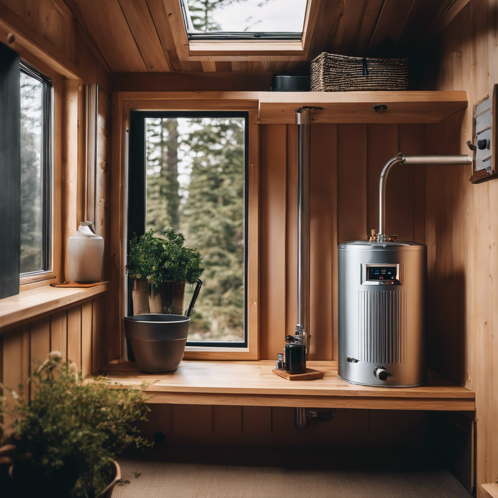 An image showcasing a compact water heater seamlessly integrated into a tiny house, highlighting its ideal placement, efficient connection to an energy source, and the surrounding accessories required for installation