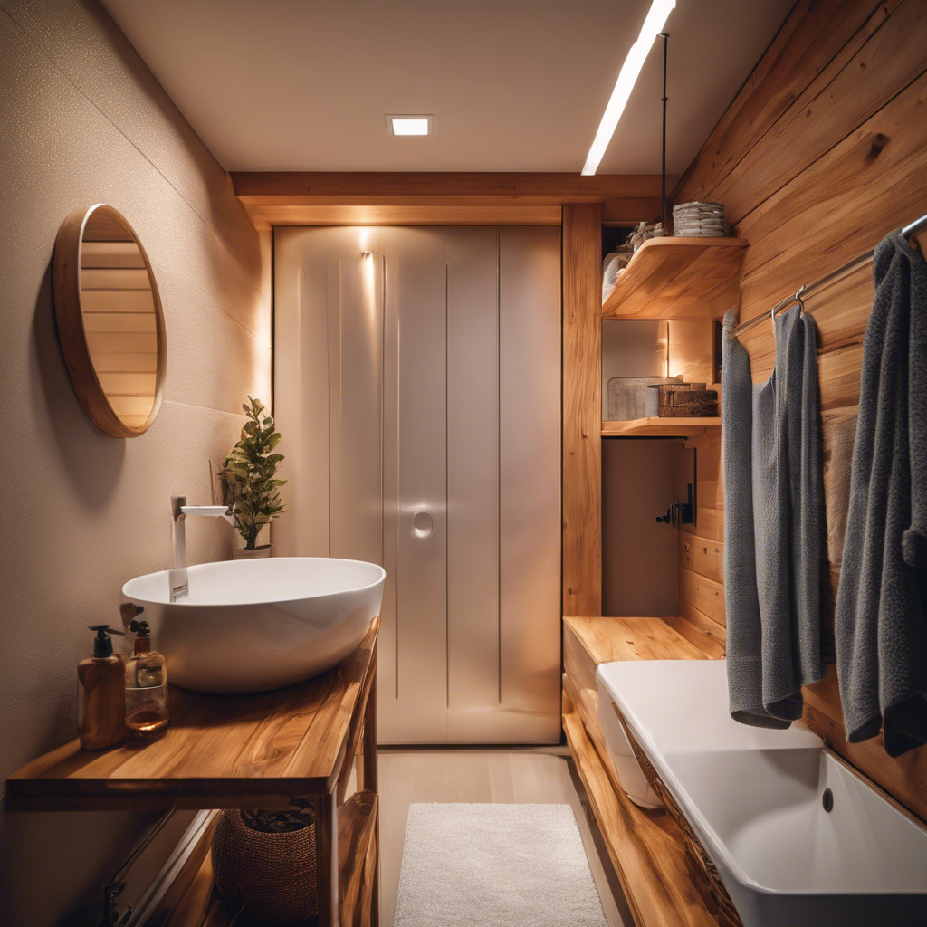 An image showcasing a compact, high-efficiency water heater seamlessly integrated into a cozy, minimalist tiny house bathroom