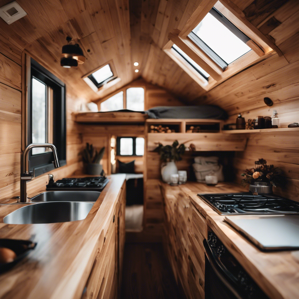 An image showcasing a cozy wooden tiny house interior with walls made of non-wooden materials