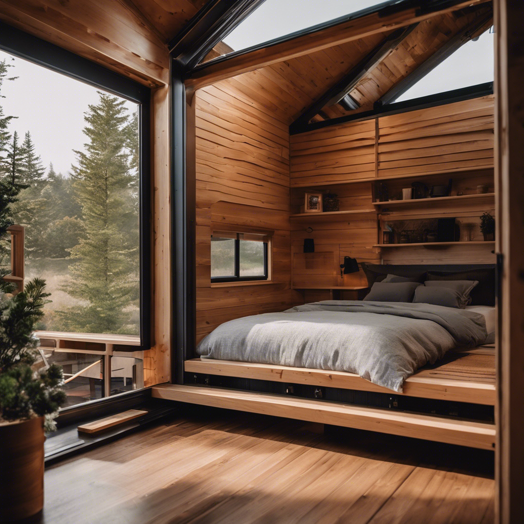 An image showcasing a wooden tiny house with mini splits seamlessly integrated into the walls, effectively controlling moisture